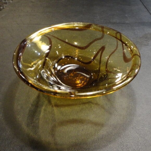 Vintage Art Glass Amber & Brown Optic Swirl Serving Bowl - Picture 2 of 5